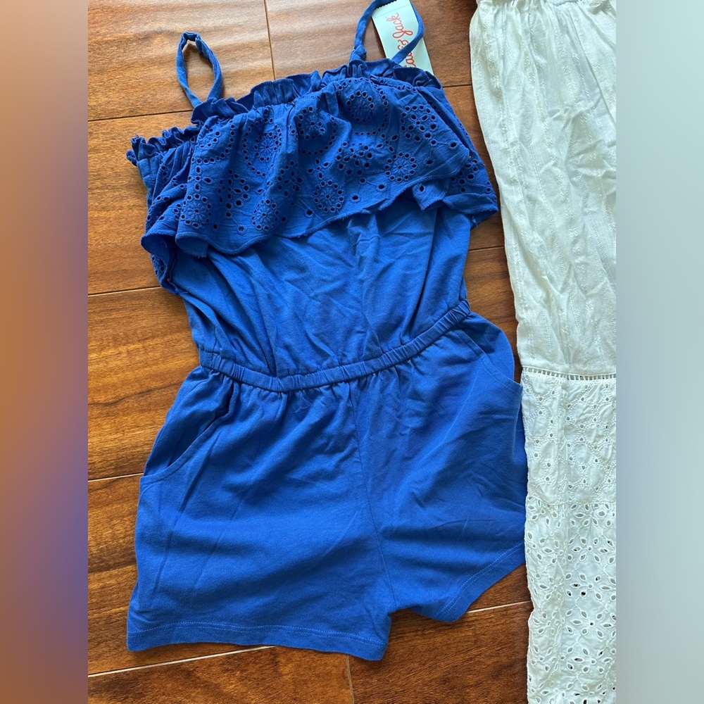 Cat & Jack Bundle White Eyelet Maxi Dress with Blue Ruffle Romper - Picture 6 of 11